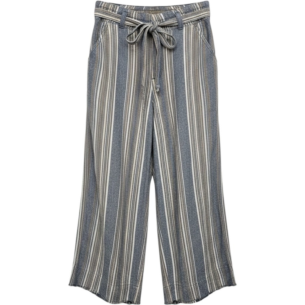 Democracy Striped Wide Leg Crop Pants Womens 10 Blue Tie Waist Coastal Boho
